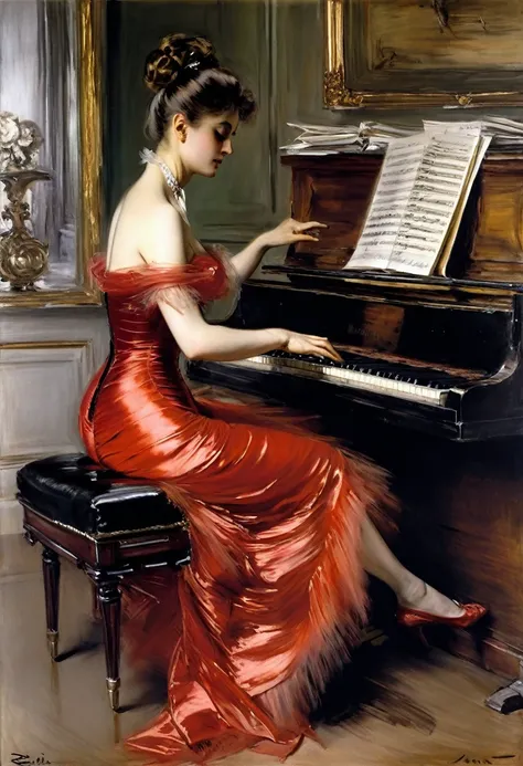 a painting of a woman in a red dress playing the piano by Giovanni Boldini.