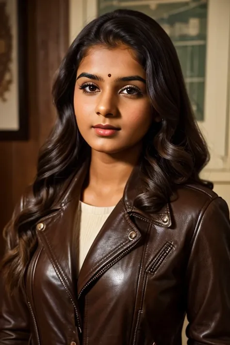 Medium view, of 24 year old, face portrait, indian girl, long hair, brown hair, 1940s hair style, leather jacket over 1940s clothing, in cozy 1940s home.