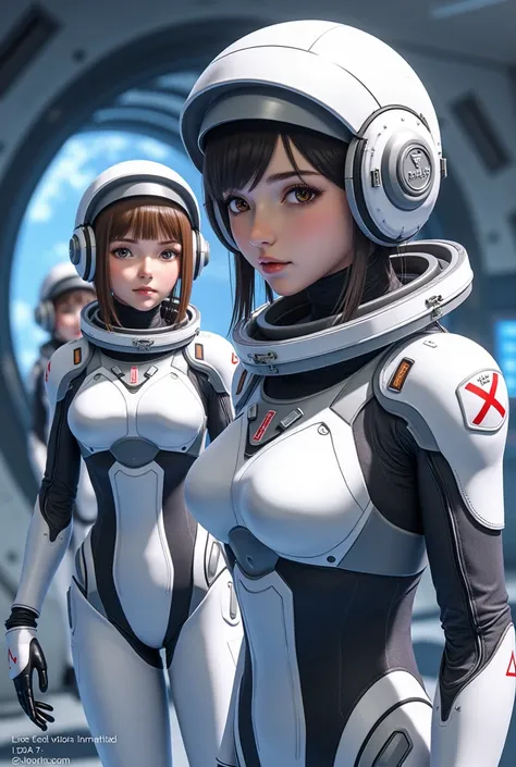 masterpiece, Highest quality, high resolution, newest, 2girls, friends, (group shot):5, (upper body):5, kyoto animation style, detailed, BREAK lunar base interior and exterior, moon surface exploration, lunar landscape, BREAK (white and black mechanical sp...