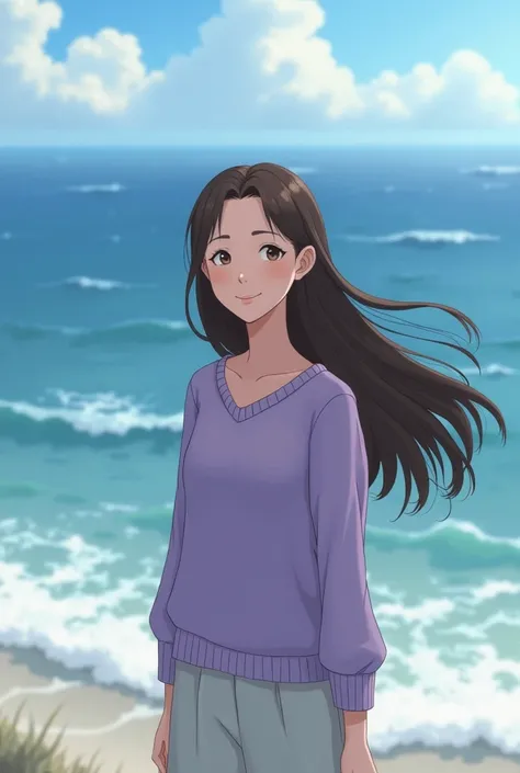 Studio ghibli style art woman with white skin and long brown hair wearing lilac sweater by the ocean happy