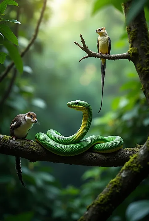 A vivid photograph of a snake slithering in a lush rainforest, surrounded by small mammals and birds perched on branches, symbolizing a balanced ecosystem. The snake is a sleek, emerald-green tree boa, perfectly blending with its surroundings. Soft, diffus...