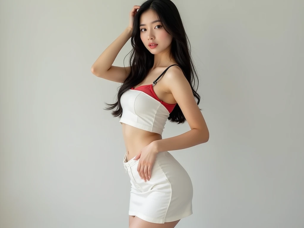 Create a hyper-realistic full-body portrait of a young Asian woman, resembling a photograph taken with a Canon EOS camera. She has long, straight black hair, glossy and well-kept, falling naturally around her shoulders. Her skin is fair and smooth with a h...