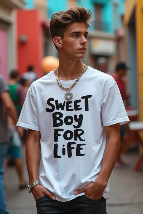 Cream an image of a shirt written sweet boy for life 