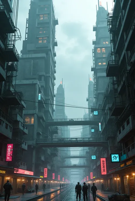 Brutalist anime-style cyberpunk city 
