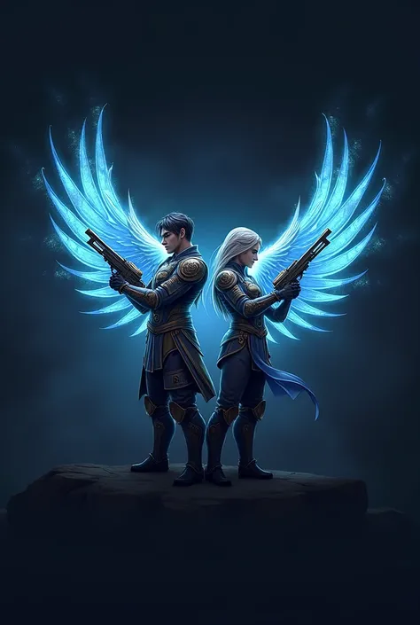 Create me a competitive logo that has a male and female angel soldier who are seeing each other with angelic shotguns, What does it have as a title" Dominion Alliance ", and it has blue colors , celeste, lead and black, Let it be for a Free Fire 