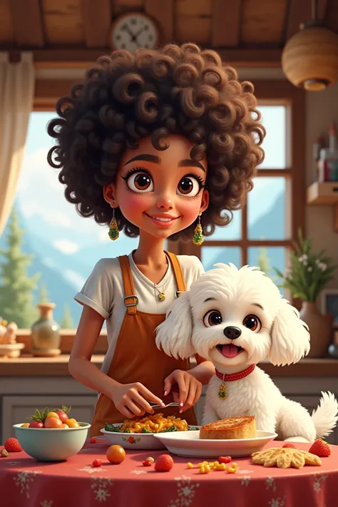 Un style cartoon fait des personnages réels avec des grands yeux 
Je voudrais une fille dans le style cartoon avec des grands yeux et des grands cheveux frisés qui prépare à manger dans son chalet chaleureux avec son chien un bichon blanc 