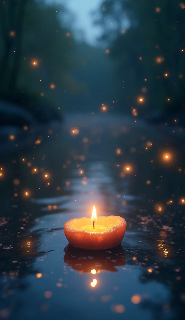 While a candle is floating Hundreds of fireflies illuminated the river,  as if his grandpa answered from the stars .