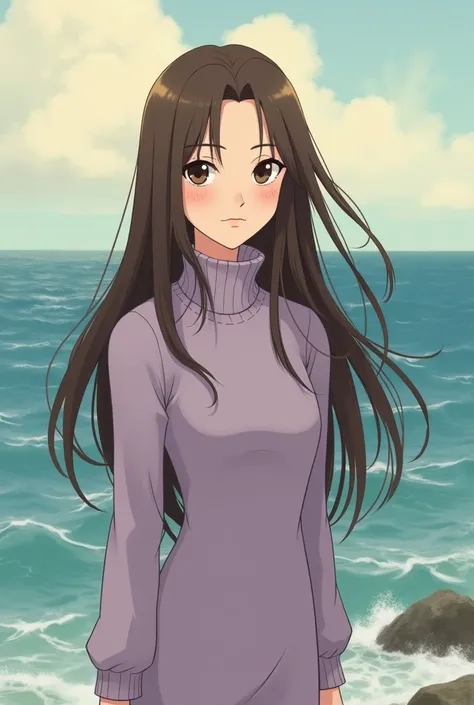 Studio ghibli style art slim thick woman with white skin and long brown hair wearing lilac sweater by the ocean 