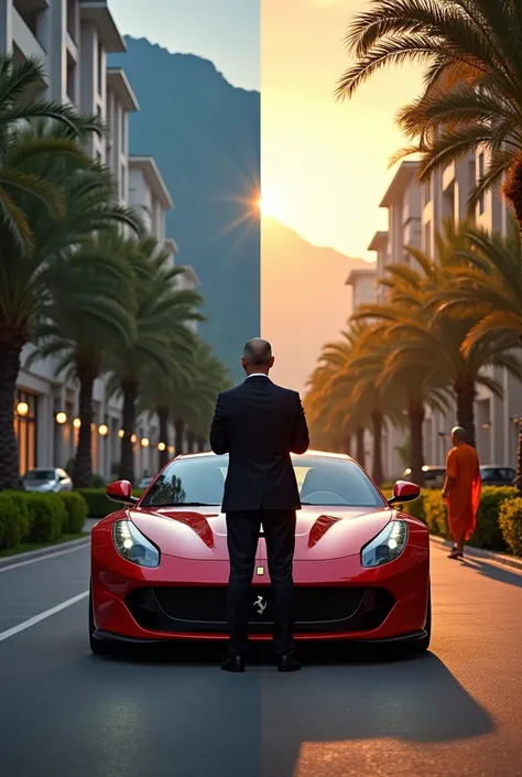 Image 1:  brilliant Ferrari on a luxurious avenue

Description :  An image of a bright red Ferrari parked on a luxurious avenue surrounded by tall, modern buildings,  with soft light at dusk .  The scene must convey opulence and success ,  but it should al...