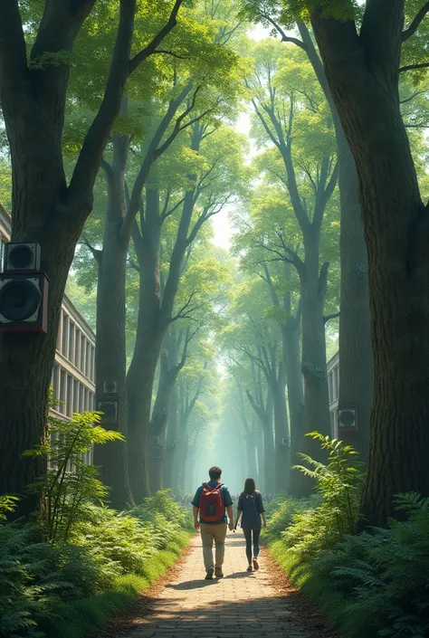 Forest in the middle of a school with speakers in the trees 