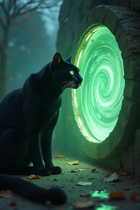 The amulet opens the portal  . next to a black big cat with emerald eyes and looks at the portal in surprise