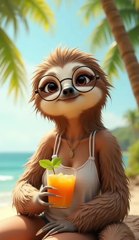  "A female anthropomorphic sloth character designed with realistic and adorable features. She has round glasses, a kind and welcoming smile, and facial traits resembling a real human. Her soft fur resembles that of a sloth, but her overall look is human-li...