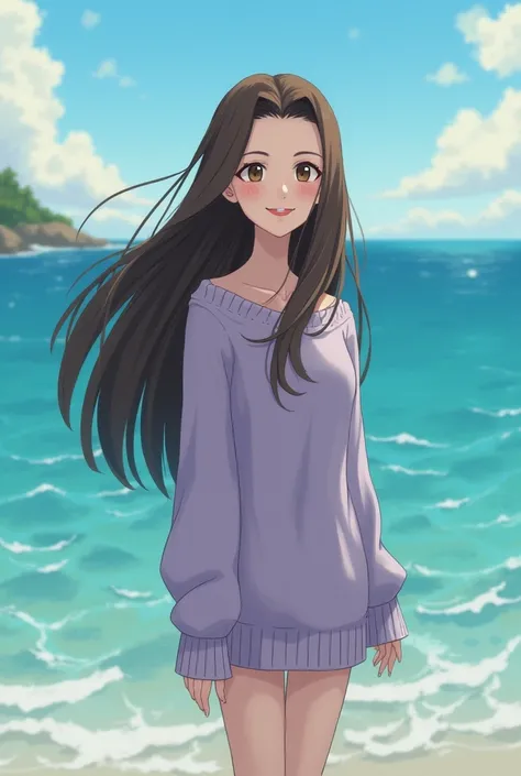 Studio ghibli style art slim thick woman with white skin and long brown hair wearing lilac sweater by the ocean happy