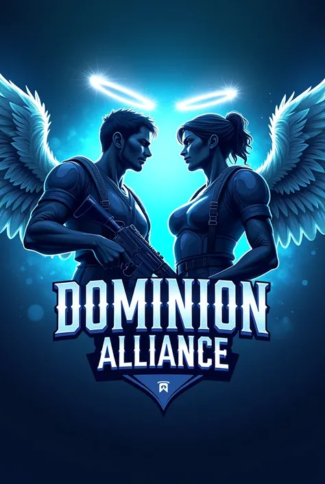 Create me a competitive logo that has a male and female angel soldier who are seeing each other with angelic M1887 shotguns, What does it have as a title" Dominion Alliance ", and it has blue colors , celeste, lead and black, Let it be for a Free Fire 