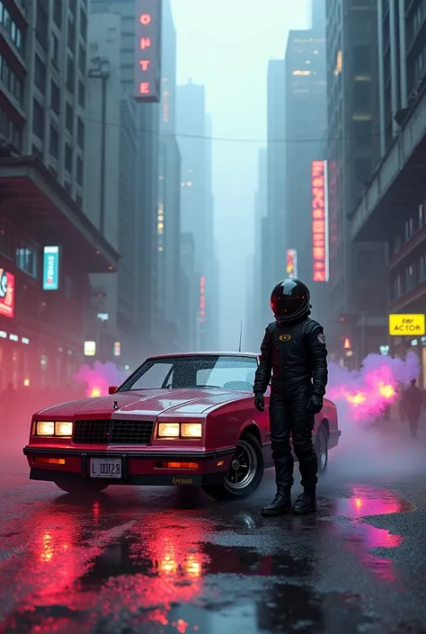 Astronaut in black suit standing next to colorful 1986 Chevrolet Monte Carlo SS, gray dystopian city, colors spewing from exhaust pipe, bringing color back to city, illustration, hyper detail, realistic, vibrant colors, studio lighting, urban landscape, hi...