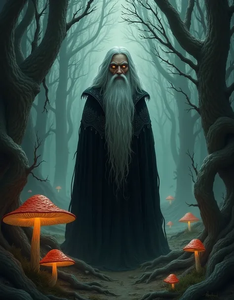 Baba Yaga, an ancient Slavic crone, stands in the midst of a dense, misty forest, surrounded by twisted tree roots and glowing mushrooms, her long silver hair wild and unkempt, dressed in a tattered black cloak with a hint of folkloric embroidery, her eyes...