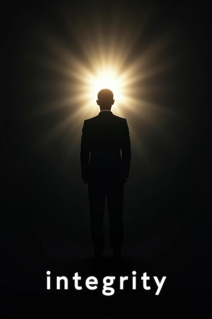 Silhouette image of a person or drawing with bright light above their head and the word integrity