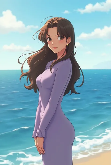 Studio ghibli style art slim thick woman with white skin and long brown hair wearing lilac sweater by the ocean smiling