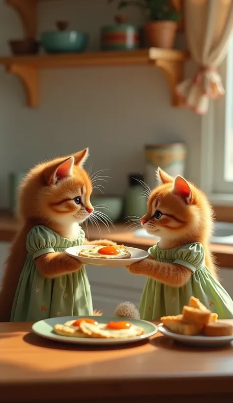 realistic photo, 8k, in the kitchen a fluffy brown kitten wearing a green house dress with a star pattern is holding a plate of fried eggs and bringing it to the brown fur cat mother also wearing a dress to eat.