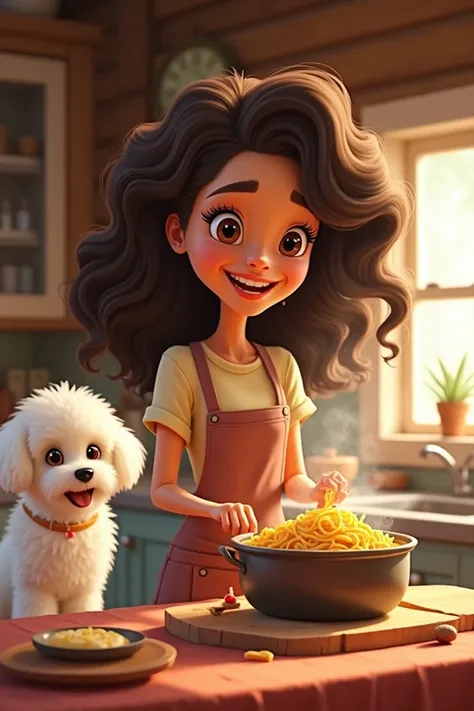 Un style cartoon fait un personnage réel avec de grands yeux. Je voudrais une fille de style cartoon qui a de grands yeux et de très longs cheveux frisés qui prépare des pâtes dans sa cuisine du chalet avec son chien un bichon blanc 