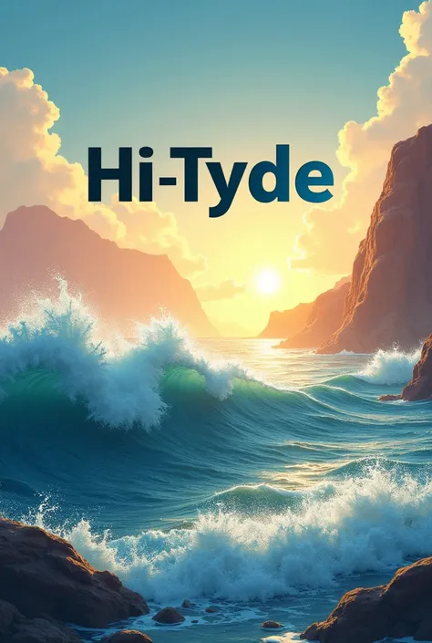 draw an image for solar panel company homepage with company name Hityde. High sea tide with sun at back ground, a mountain and desert.   Logo Hi-Tyde is mendatory 