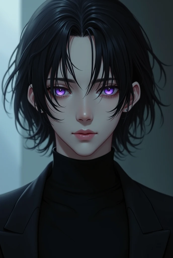 The young man was dressed in a black suit, with completely black hair, purple eyes, medium hair, pale white skin, smooth face, with a mole on his right eye.