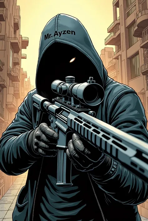 Une jomme avec un sniper dans la main il a un casque avec ecrit « MR ayzen » tout doit etre dans l’univer du manga 