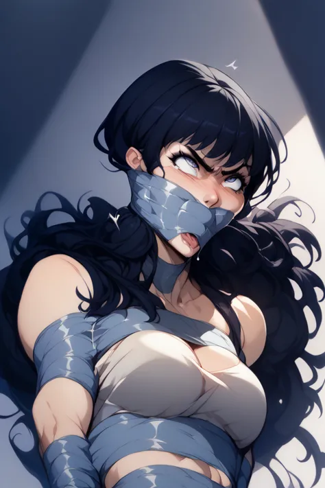 1 fille, alone,  long hair,  high resolution, fringe,  black hair, angry, ahegao, large chest ,taped arms ,taped chest ,taped le...