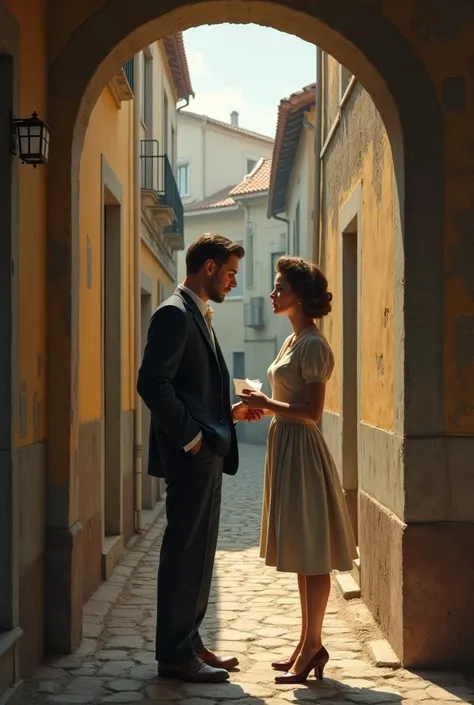 Make a man holding a letter almost walking away and talking to the woman in the 20th century in a cortico 