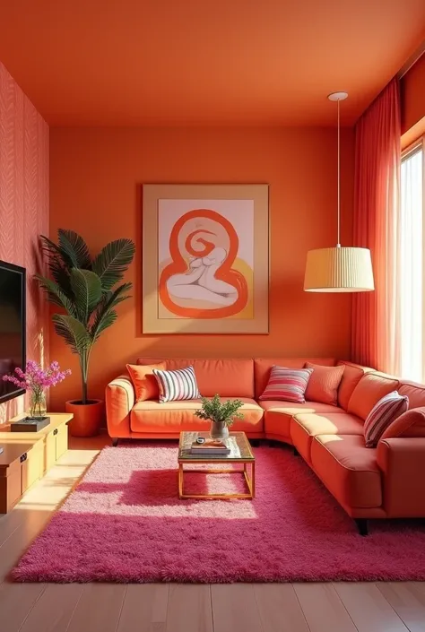 Create an 80s living room in shades of orange and pink
