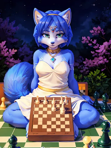 a picture of ((krystal)), Star Fox-Krystal, lovable, green eyes, ((( long blue hair 1 .3))), Decollete, anthro, Fuzzy,  detailed Fluffys fell,  detailed face , (Fluffy), Alone, girl ,  white dress , Background in nature , ( sitting on a gigantic chessboard...