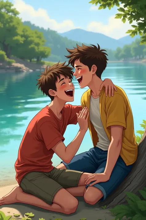 One laughing teenage boy leang in to the chest of another teenage boy sitting on a bank of a lake