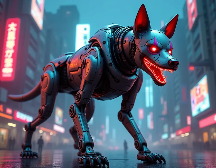 cyberpunk robot dog with gun mounts in clown makeup