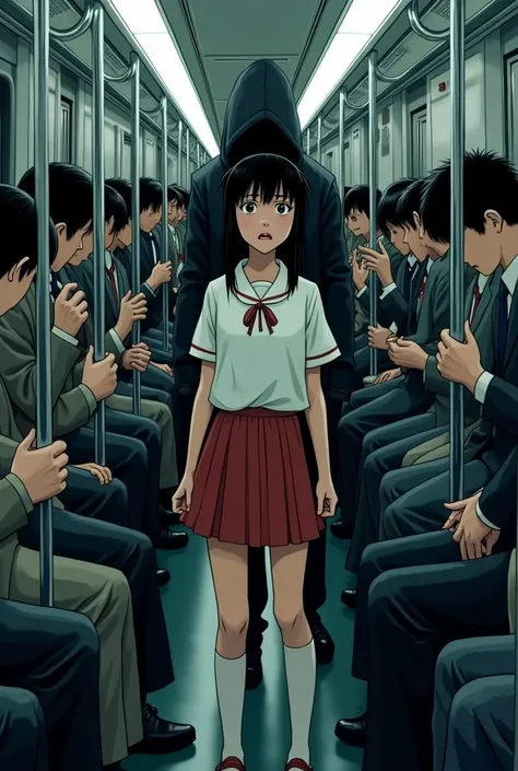 Style  manga, Girl in a school skirt on a subway we can see that a man is putting his hand under her skirt 