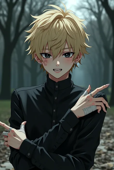 Man. Anime. Boy. Beautiful. Paslish skin. Scars on both side of mouth. Black eyes. Blonde messy hair. Claws. Fangs. Bangs. Earrings. Black outfit. Bandages on hands almost falling. Bruises. In a abandonned park