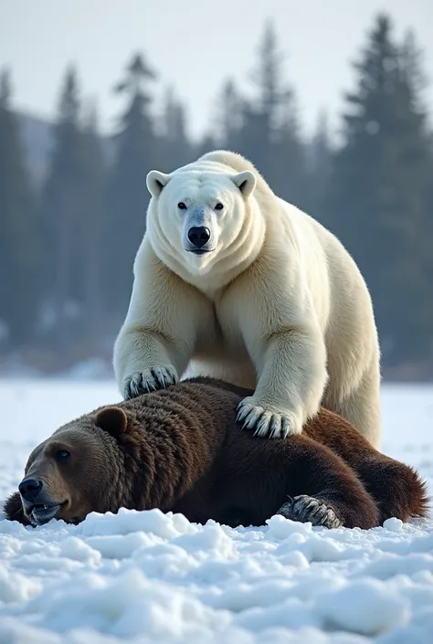 A majestic polar bear stands triumphantly on an icy terrain at the edge of a snow-dusted forest, its pristine white fur glistening under the pale sunlight. The polar bear exudes dominance as it firmly plants one powerful paw on the lifeless body of a massi...