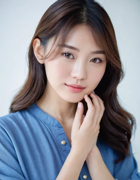 (Imada Mio:0.9), Asian girl is in a white modern room, hand touch cheek face skin with a liitle cream, skin care, hand touch cheek, white skin, pale skin, no makeup, without makeup, faint thin bangs, wavy brown hair, wearing basic blue shirt, beautiful Jap...