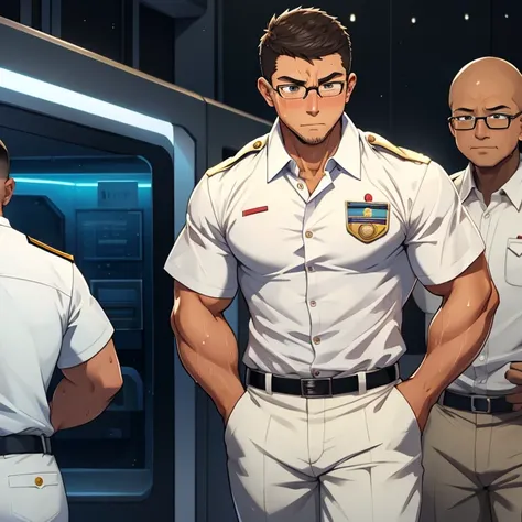  thick outline、human、male、Age 35、Muscular、恐そうなmale、crew cut、 tanned skin、security staff、Glasses、 with a serious expression、sweat、blush