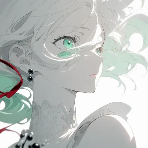 A young woman，(A red ribbon covers one eye)，illustration，With black aesthetics、Anime aesthetic style，I cant believe how beautiful it was，Black Pearl and Mint，Monochrome minimalist portrait，Pop artistic sense，whole body，Dynamic，