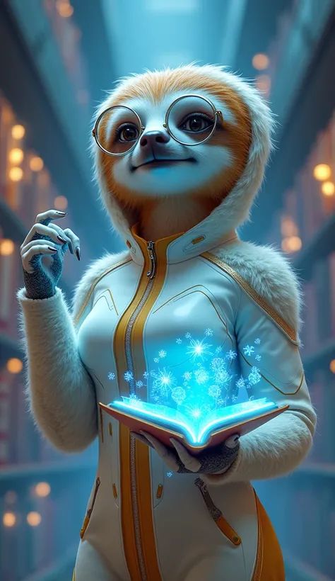 "A female anthropomorphic sloth character, transformed into the vision of Miranova, the heroine of knowledge and vision. She has a serene, intelligent expression and wears sleek futuristic attire, including a white and gold suit with glowing blue accents. ...