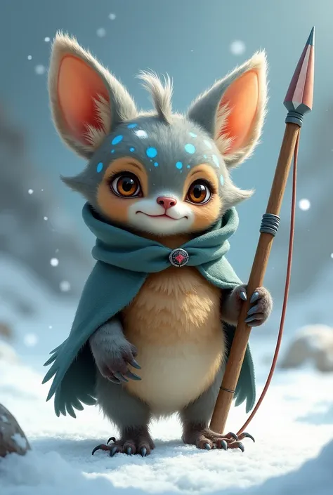 Generate a character for a rens story  , ce personnage vit dans une contrée où il fait très froid . Il se tient sur 2 pattes , est de petite taille sa tête et les couleurs de son corps est un Mix entre un mogwai et un chihuahua .  It is gray in color, brun...