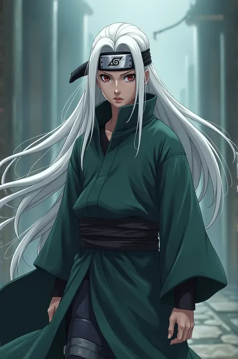 Make me a young ninja with white long hair without mask in naruto style and from Kiri. All hair are behind his face. With a kiri band and all hair behind the face