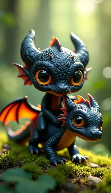 "Create a highly detailed macro photograph of a tiny, adorable Baby Venom riding a small dragon. Baby Venom has a glossy, black symbiotic texture with large, expressive eyes, exuding a playful and mischievous personality. The dragon is a miniature, vividly...