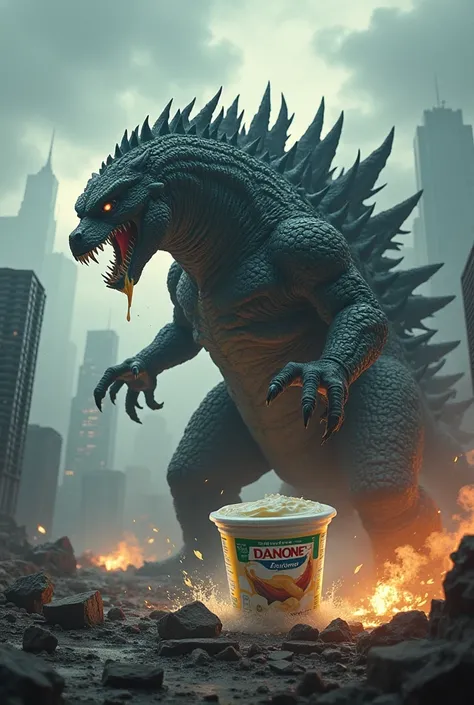 Do a monstrous Danone fighting Godzilla
