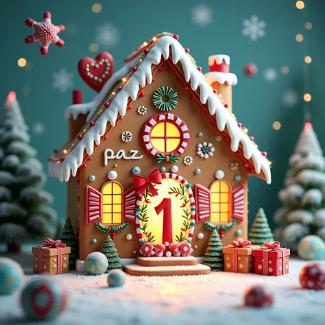  Picture for a very Christmas advent calendar , with a gingerbread house ,  the word peace in Spanish and the large number 1 inside a postcard bell 