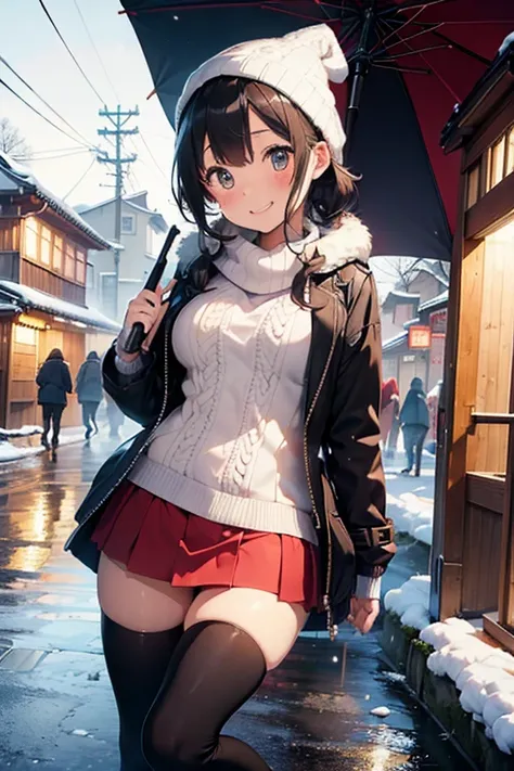 (( best quality)), ((masterpiece)), (  Details), sexy, girl, coat, knitted hat, winter clothes, white breath, winter cold sky, thigh high socks, thigh high boots, Kyoto, snowy street, hold an umbrella, mini length skirt,whole body, Aori composition,Japanes...