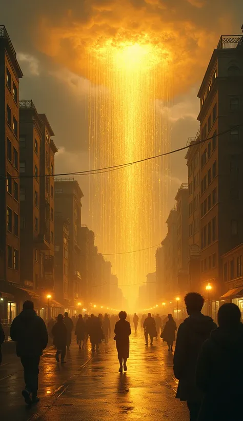  A strange storm surprised the city: It was raining golden drops that didnt get wet . The ren laughed ,  adults stopped to look at the sky, and for an entire day ,  the world forgot its worries . 