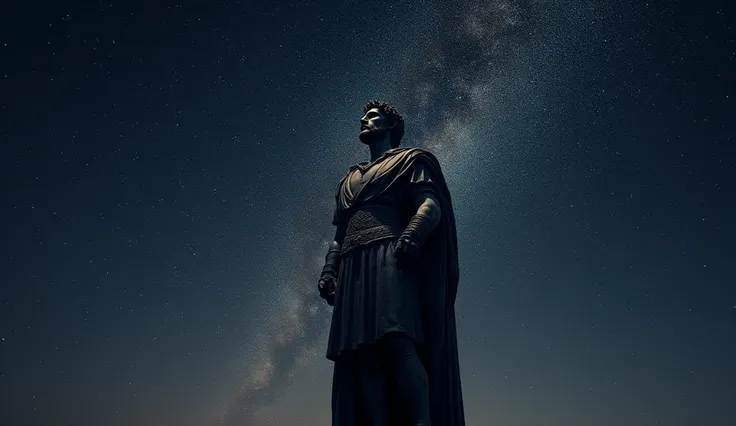 A detailed statue of Marcus Aurelius set against a dark, starry sky to symbolize his cosmic perspective.