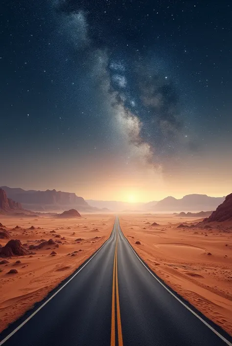 High quality road in the desert and in the sky you can see the galaxy 