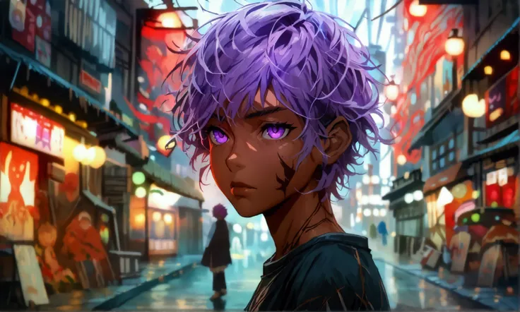 Man, brown skin, light purple hair, bright purple eyes, black Japanese-style T-shirt, serious and confident expression, Gloomy city scenery, ((2D anime character design)), ((Dramatic studio lighting)), ((Fine lines)), ((Stunning character focus)), ((Highly...